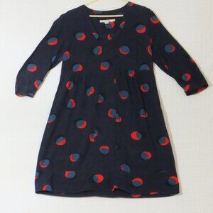 Boden Dress Womens 6L V-neck 3/4 Sleeve Knee Length Black Blue Red Dots Side Zip